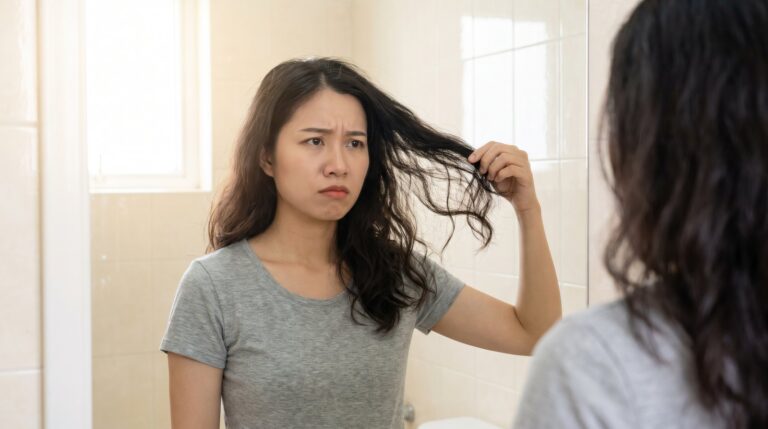 Cô gái soi gương nhìn lọn tóc xù rối sau khi gội