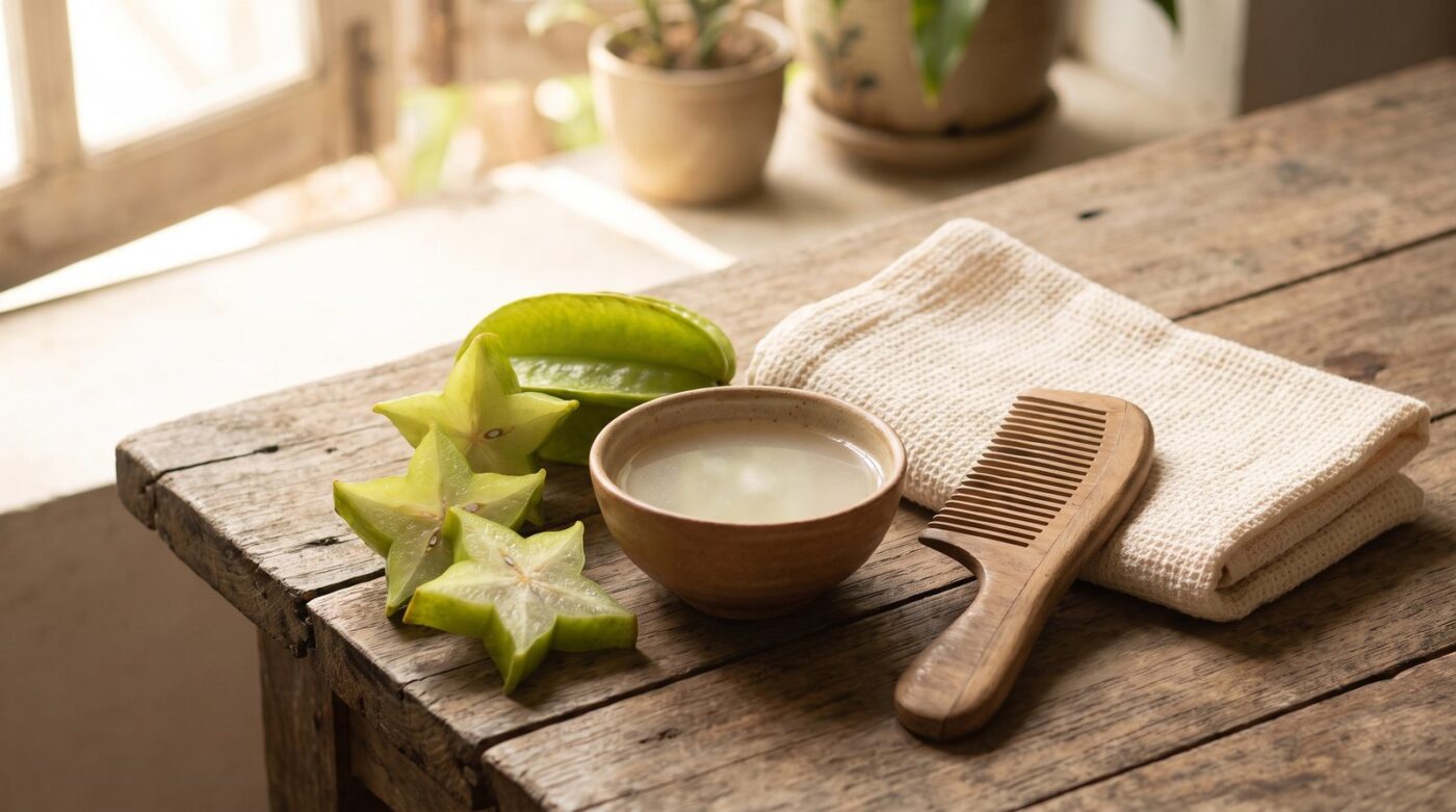 Quả khế chua cắt lát hình sao bên bát nước gội thảo dược, lược gỗ và khăn bông trên bàn gỗ mộc