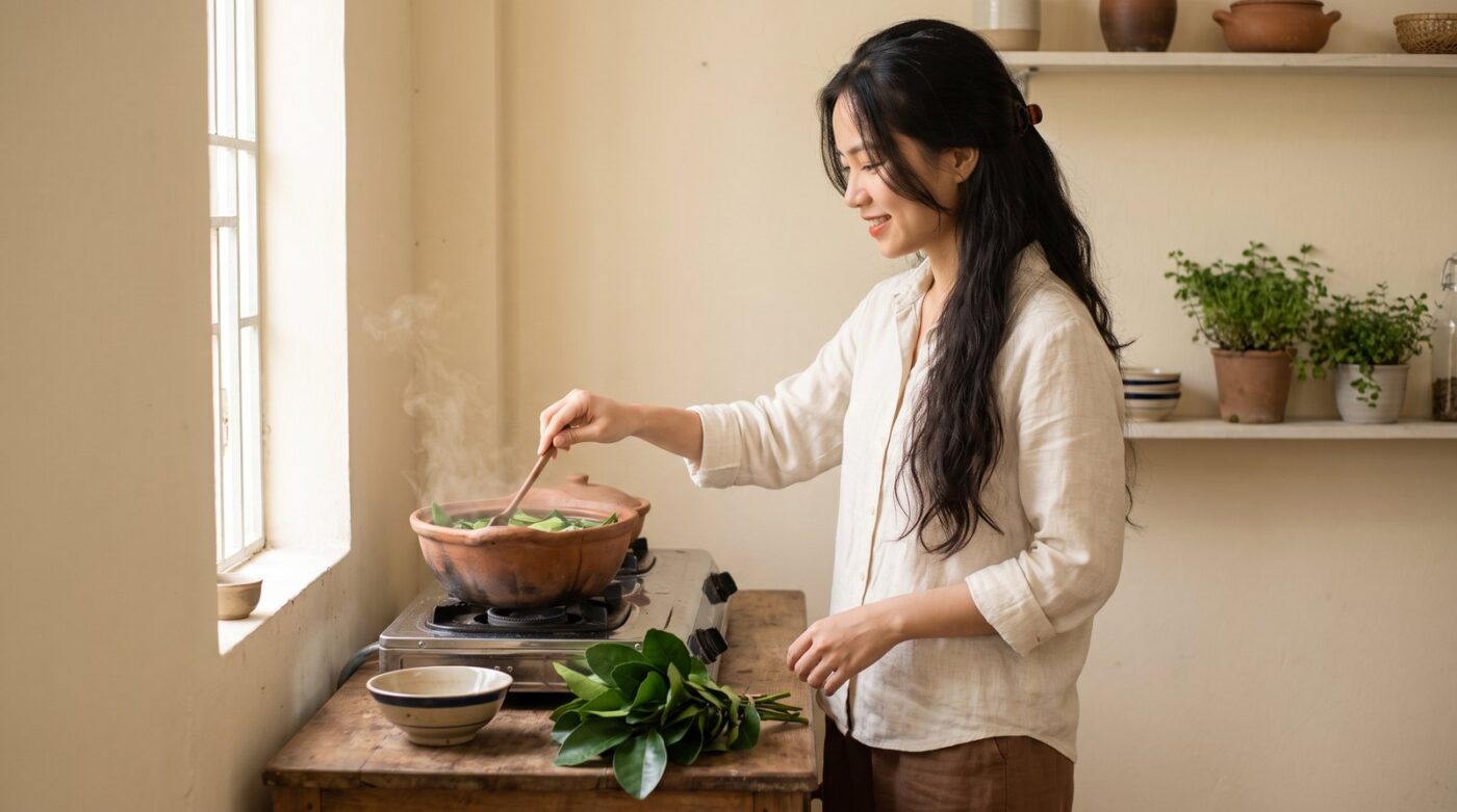 Người phụ nữ nấu nồi nước lá bưởi tươi trên bếp để gội đầu