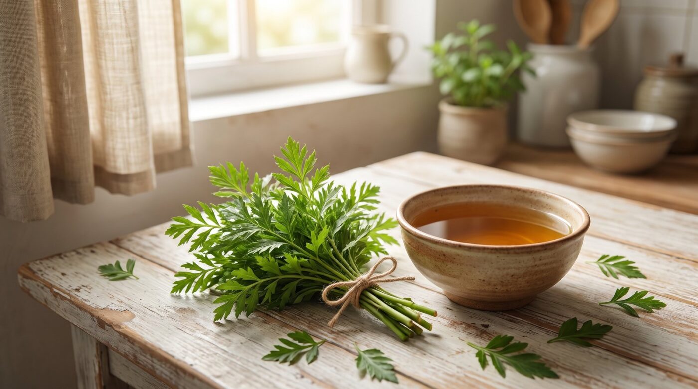 Lá đinh lăng tươi và bát nước lá đinh lăng ấm đặt trên bàn bếp gỗ