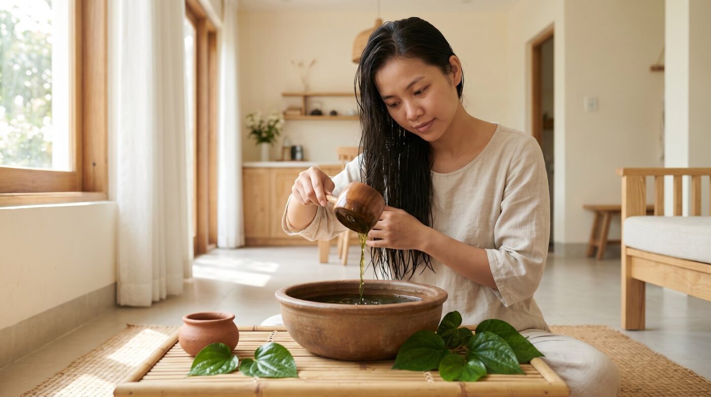 Cô gái Việt xối nước lá lốt đun ấm lên tóc bằng gáo gỗ bên chậu sành