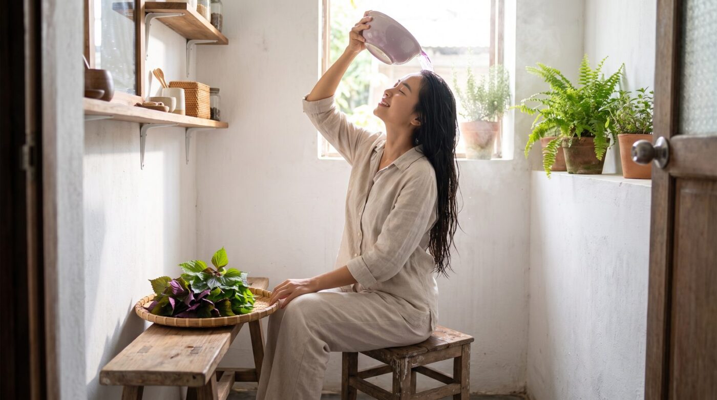 Gội đầu bằng lá tía tô, nước lá tía tô dội lên tóc và rổ lá tía tô tươi
