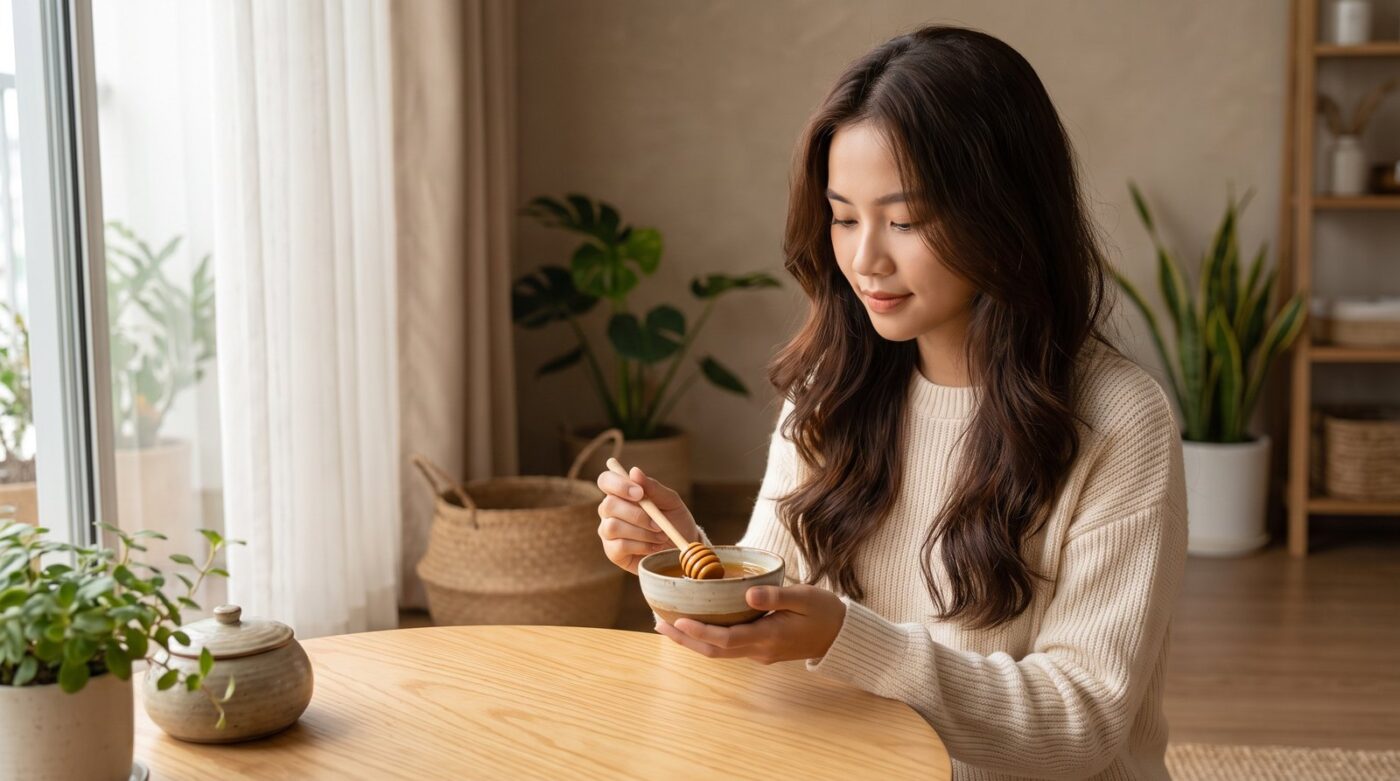 Gội đầu bằng mật ong: người phụ nữ chuẩn bị bát mật ong bên bàn gỗ