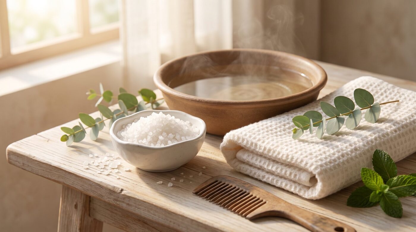 Bát muối hột và chậu nước ấm chuẩn bị gội đầu bằng muối