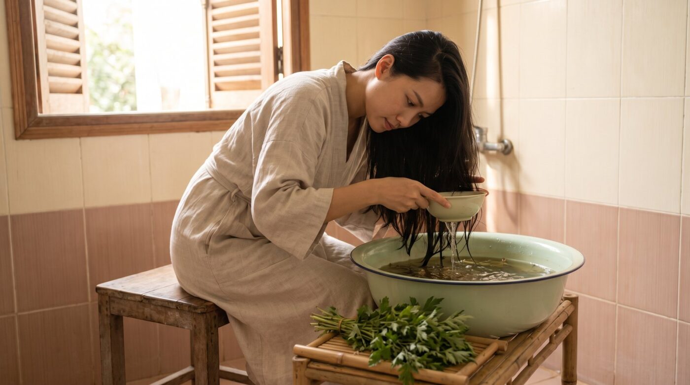 Gội đầu bằng ngải cứu: dội nước lá ngải cứu ấm lên tóc bên chậu men, cạnh có nắm ngải cứu tươi