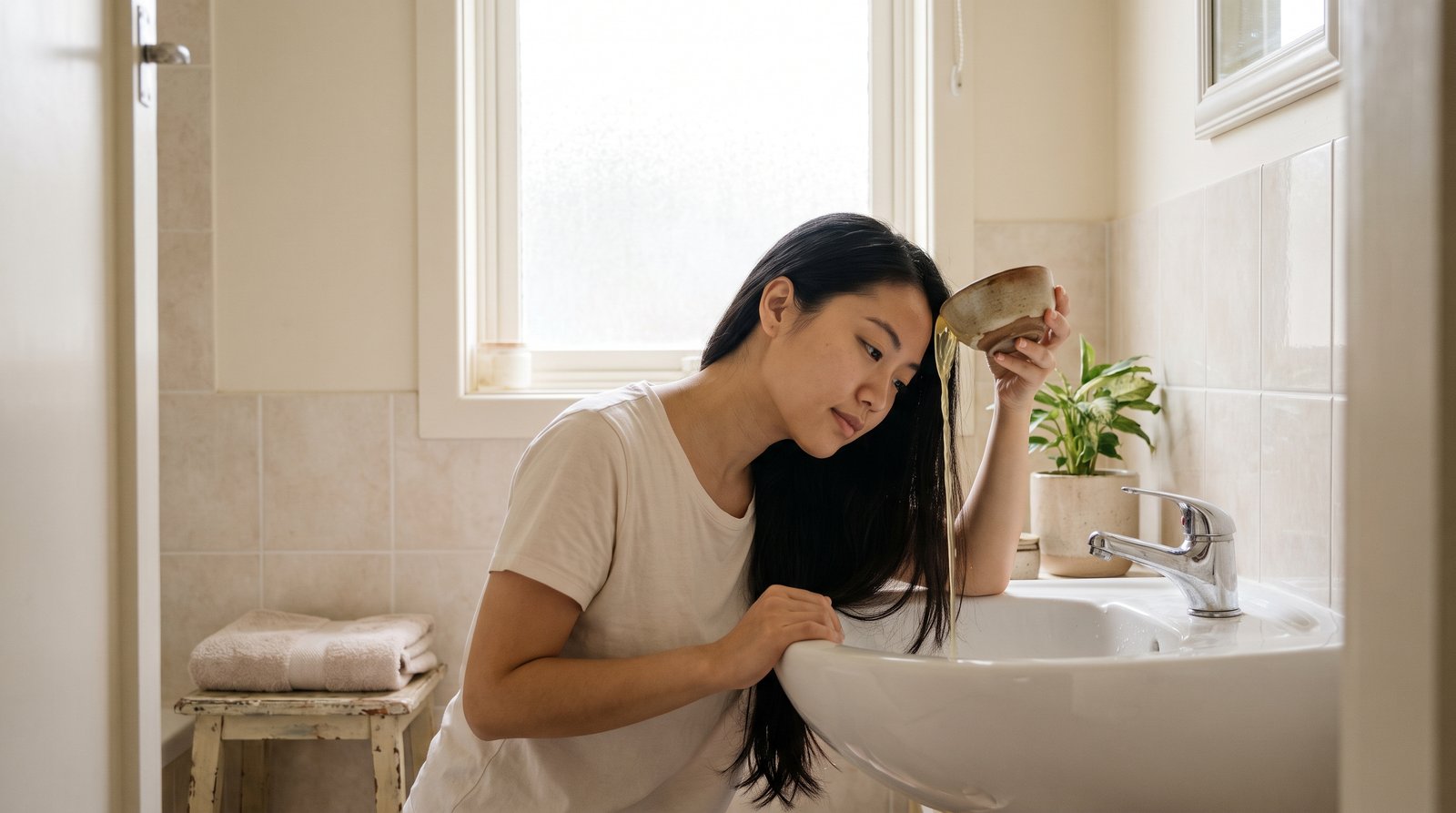 Cô gái xả tóc bằng bát nước gừng tươi ấm bên bồn rửa