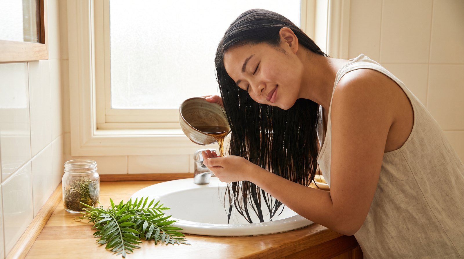 Người phụ nữ trẻ xả tóc bằng bát nước lá đinh lăng ấm