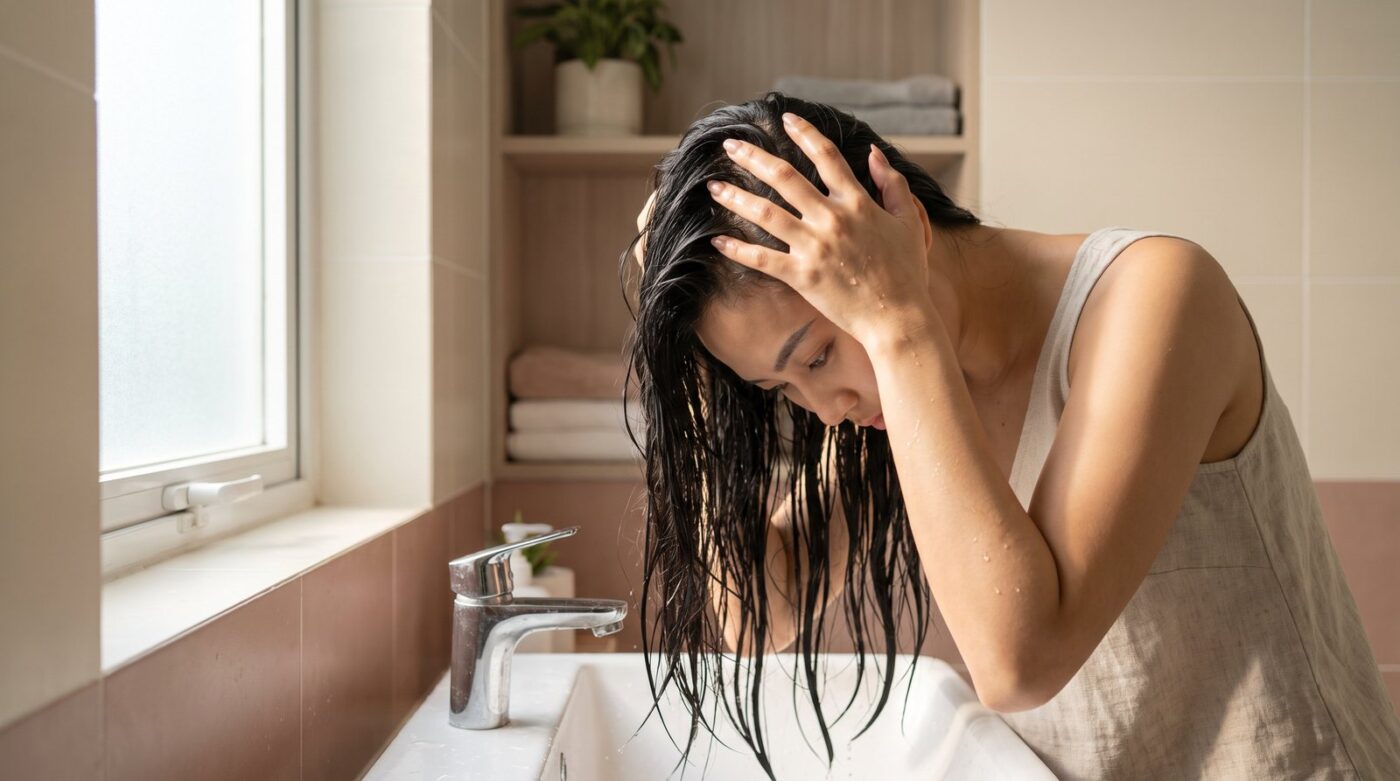 Người phụ nữ gội đầu và massage da đầu tại nhà