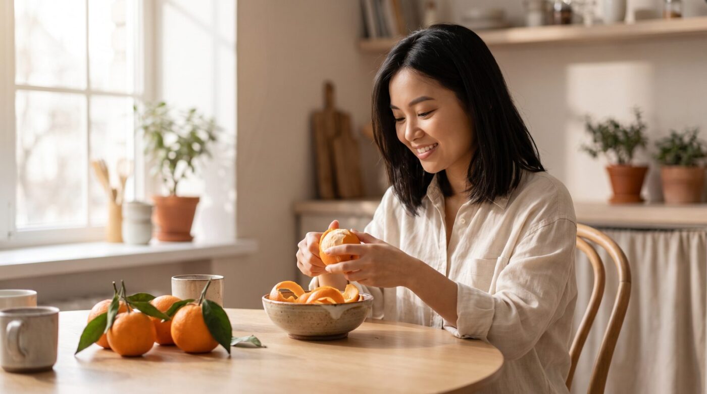 Gội đầu bằng vỏ cam: cô gái bóc vỏ cam tươi bên bàn gỗ trong bếp nhà
