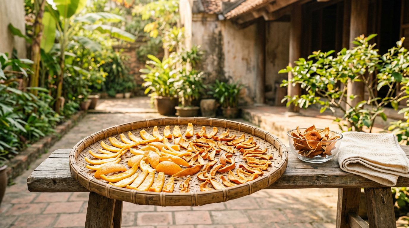 Vỏ cam cắt sợi phơi khô trên nia tre ngoài sân để dành nấu nước gội đầu