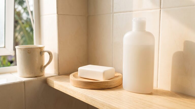Xà bông cục đặt cạnh chai dầu gội trên kệ phòng tắm