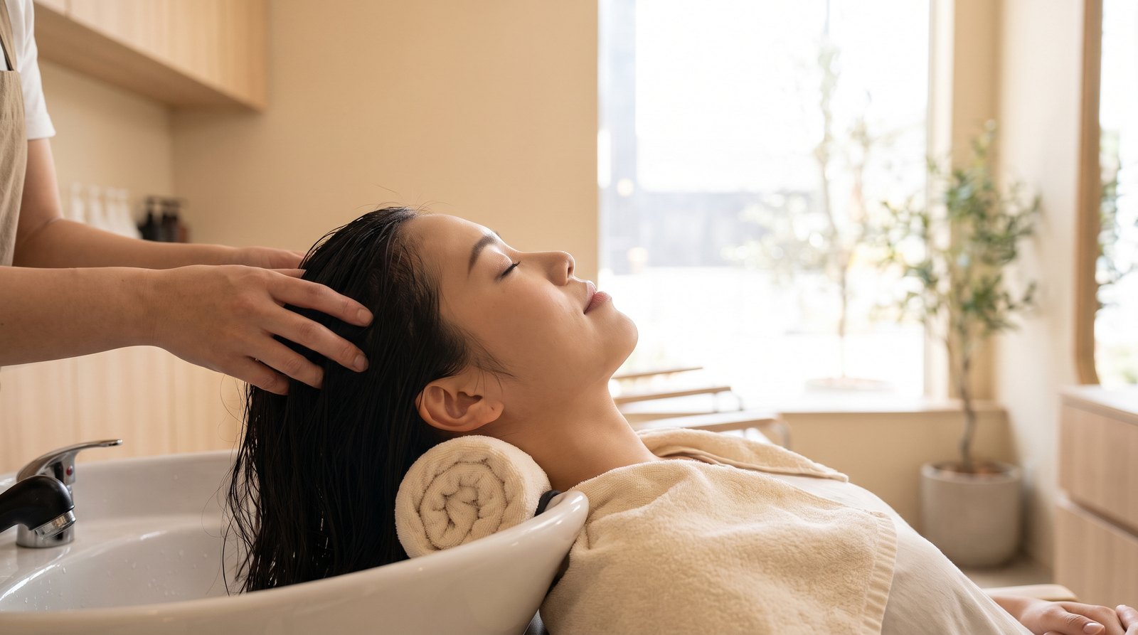 Khách nằm gội đầu ở tiệm với khăn cuộn kê dưới cổ