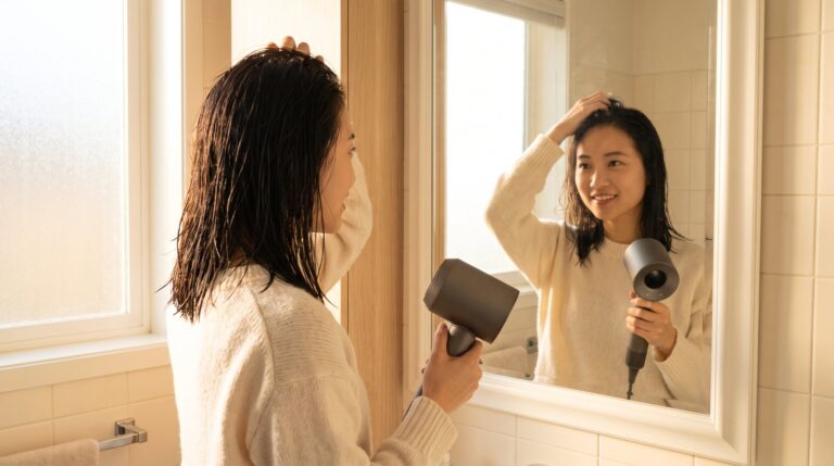 Cô gái sấy khô chân tóc trước gương sau khi gội đầu