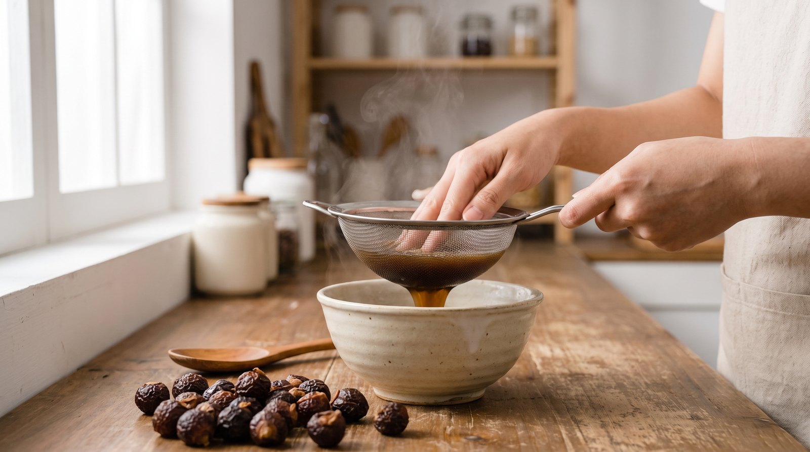 Lọc nước bồ hòn vừa nấu qua rây vào bát sứ trước khi gội đầu