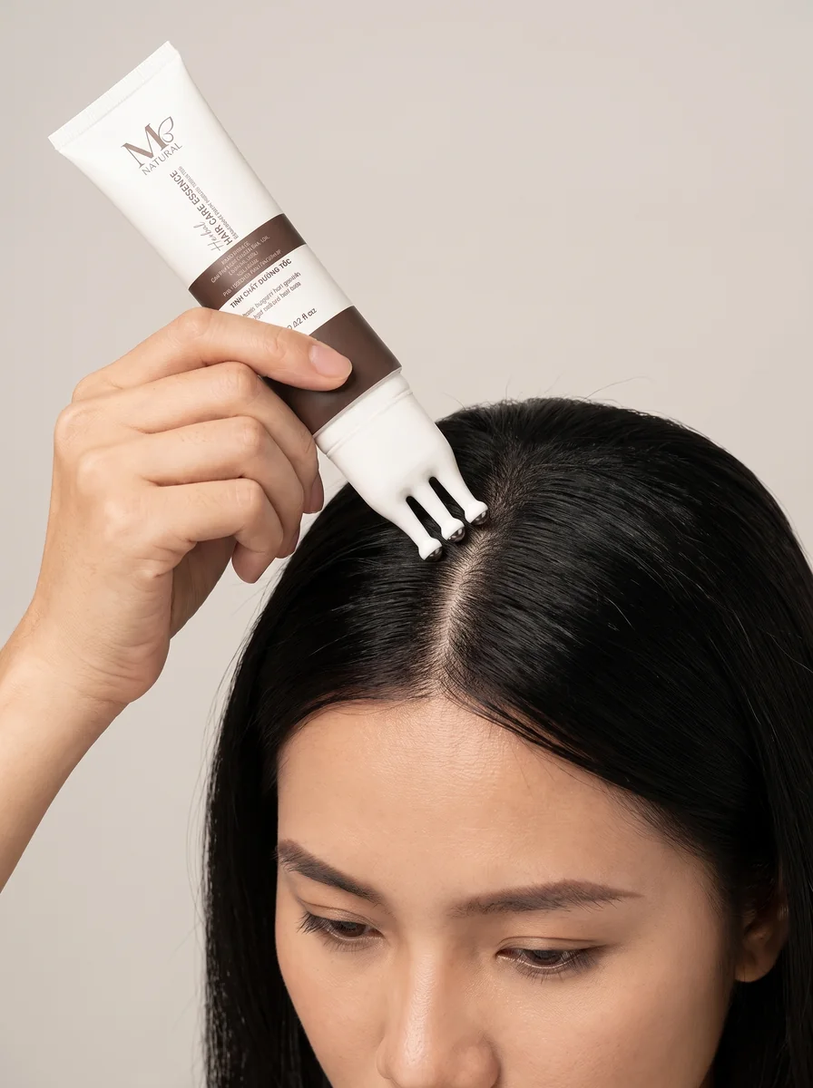 Minh họa thao tác lăn tinh chất M Natural trên da đầu
