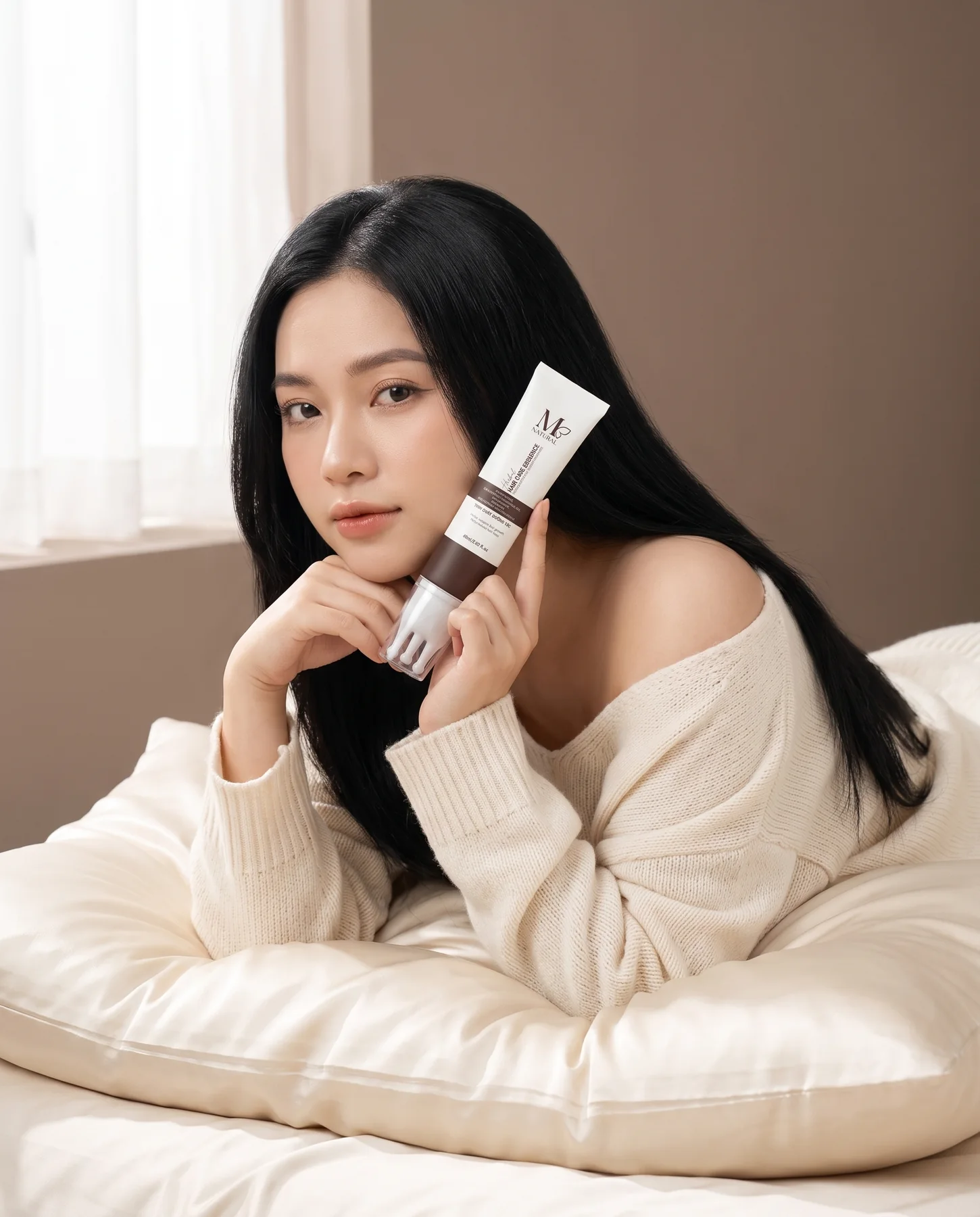 Hình ảnh thương hiệu M Natural, người mẫu với tinh chất tóc và da đầu