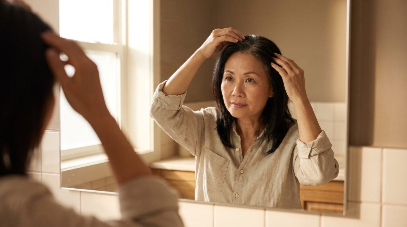 Phụ nữ trung niên soi gương buổi sáng, rẽ tóc xem chân tóc bạc ở đỉnh đầu