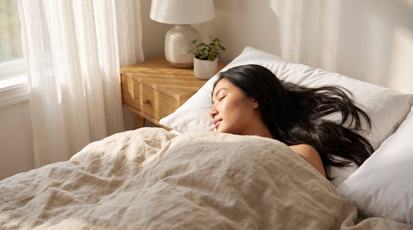 Người phụ nữ ngủ ngon buổi sáng, tóc đen dài khỏe trải trên gối