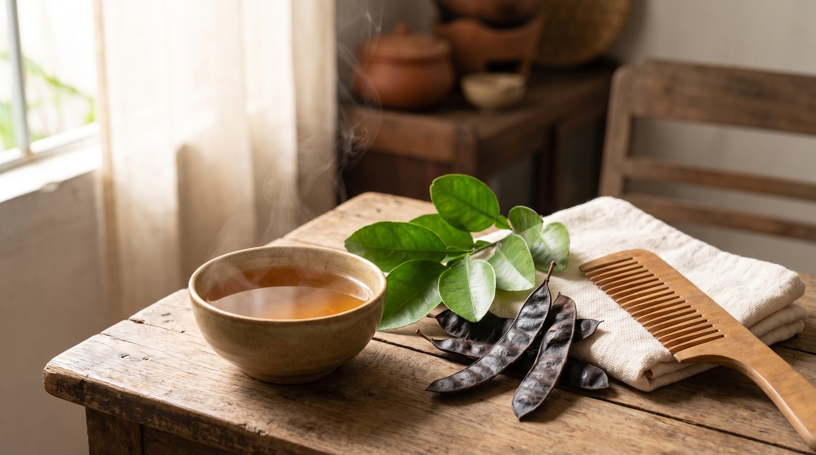 Bát nước lá bưởi ấm bên cành lá bưởi tươi, quả bồ kết khô, khăn bông và lược gỗ