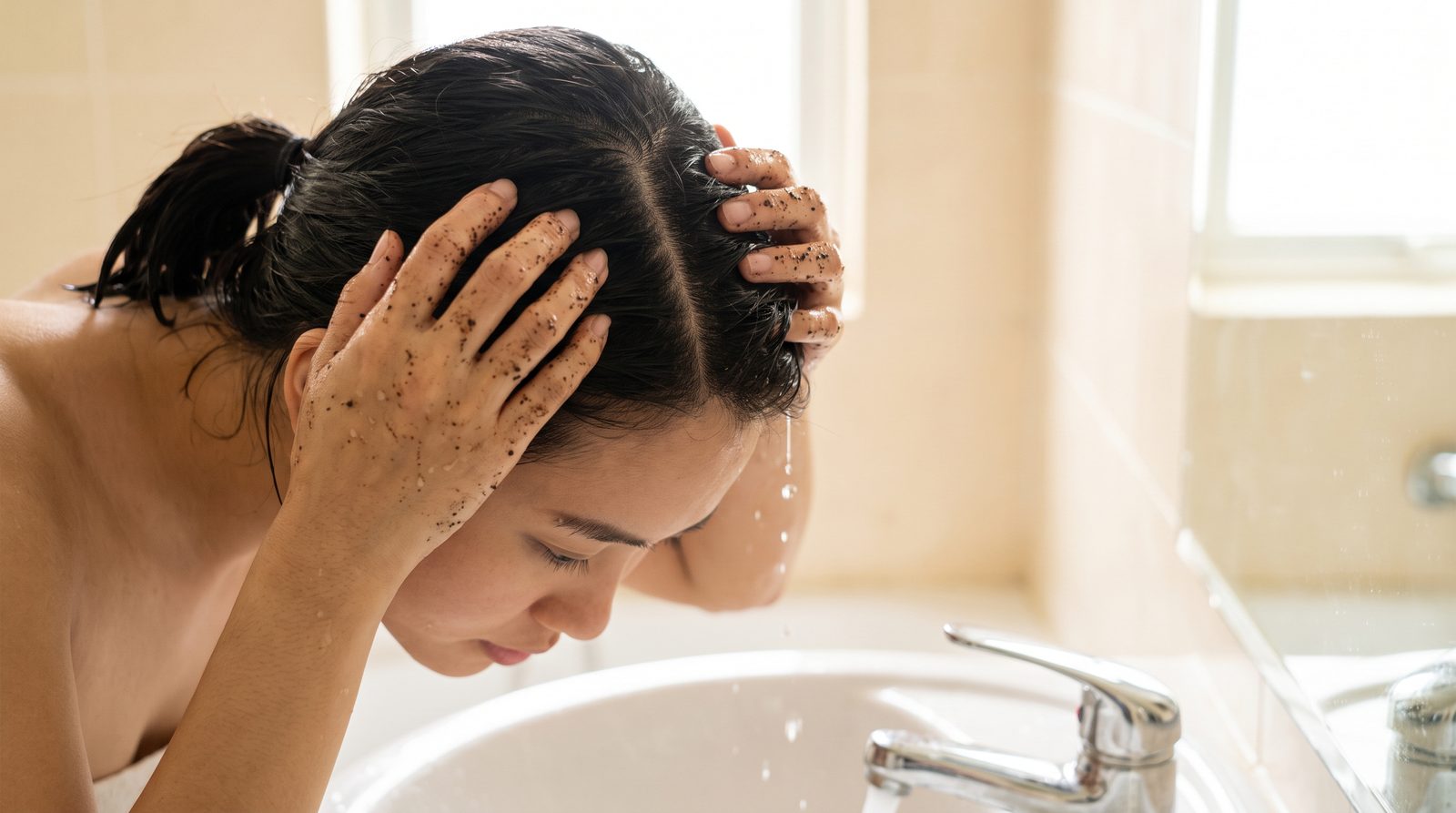 Tẩy tế bào chết da đầu bằng bã cà phê, massage bằng đầu ngón tay