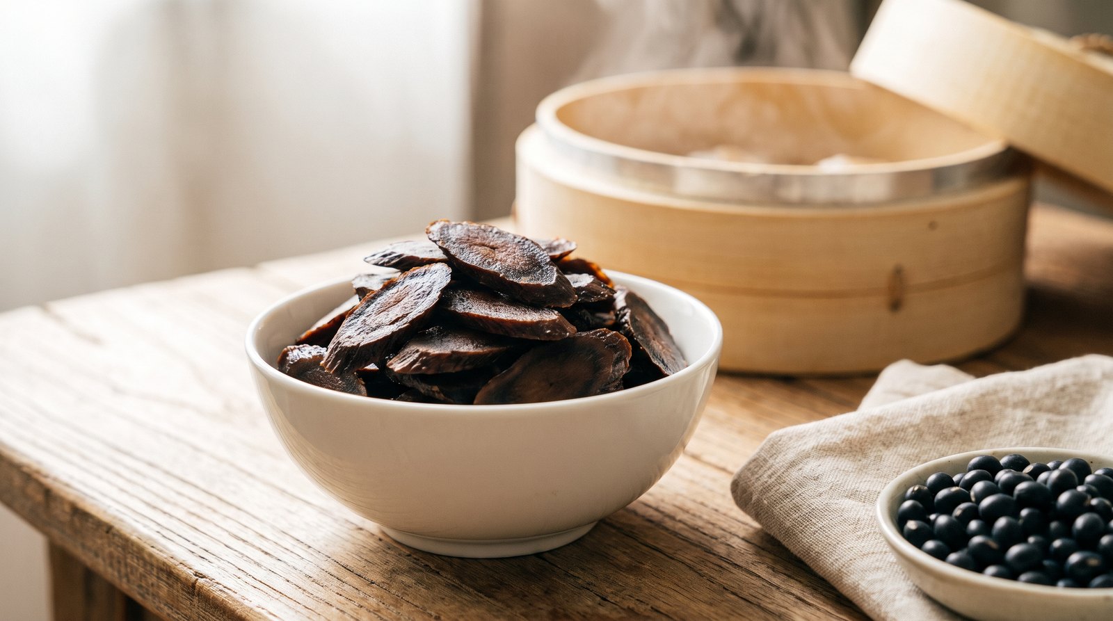 Bát sứ đựng lát hà thủ ô đã chưng với nước đậu đen, màu nâu đen bóng