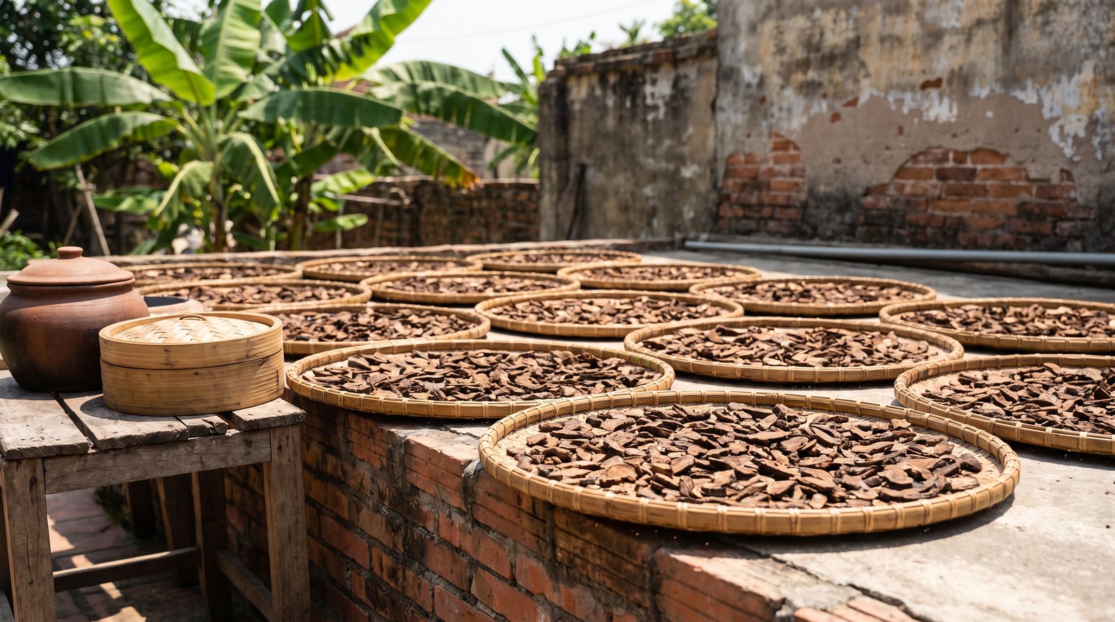 Nhiều nia tre phơi lát hà thủ ô đã chưng ngoài sân gạch dưới nắng