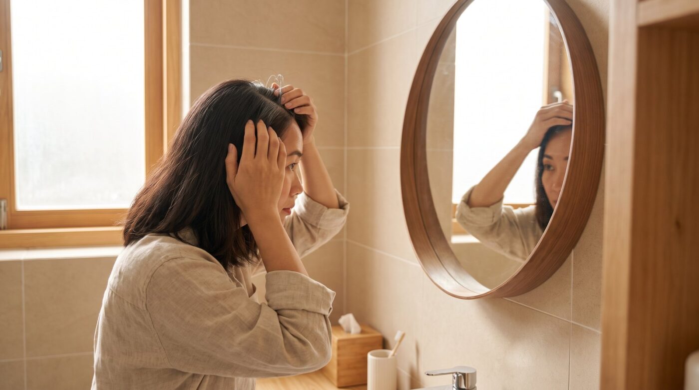 Người phụ nữ soi gương rẽ ngôi xem tóc bạc mọc một chỗ ở đỉnh đầu