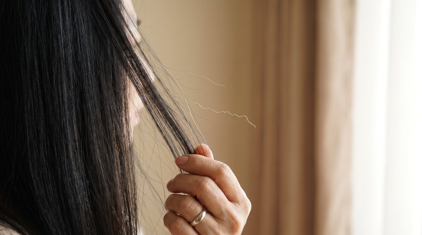 Bàn tay vén lọn tóc đen để lộ vài sợi tóc bạc và một sợi tóc xoăn cứng