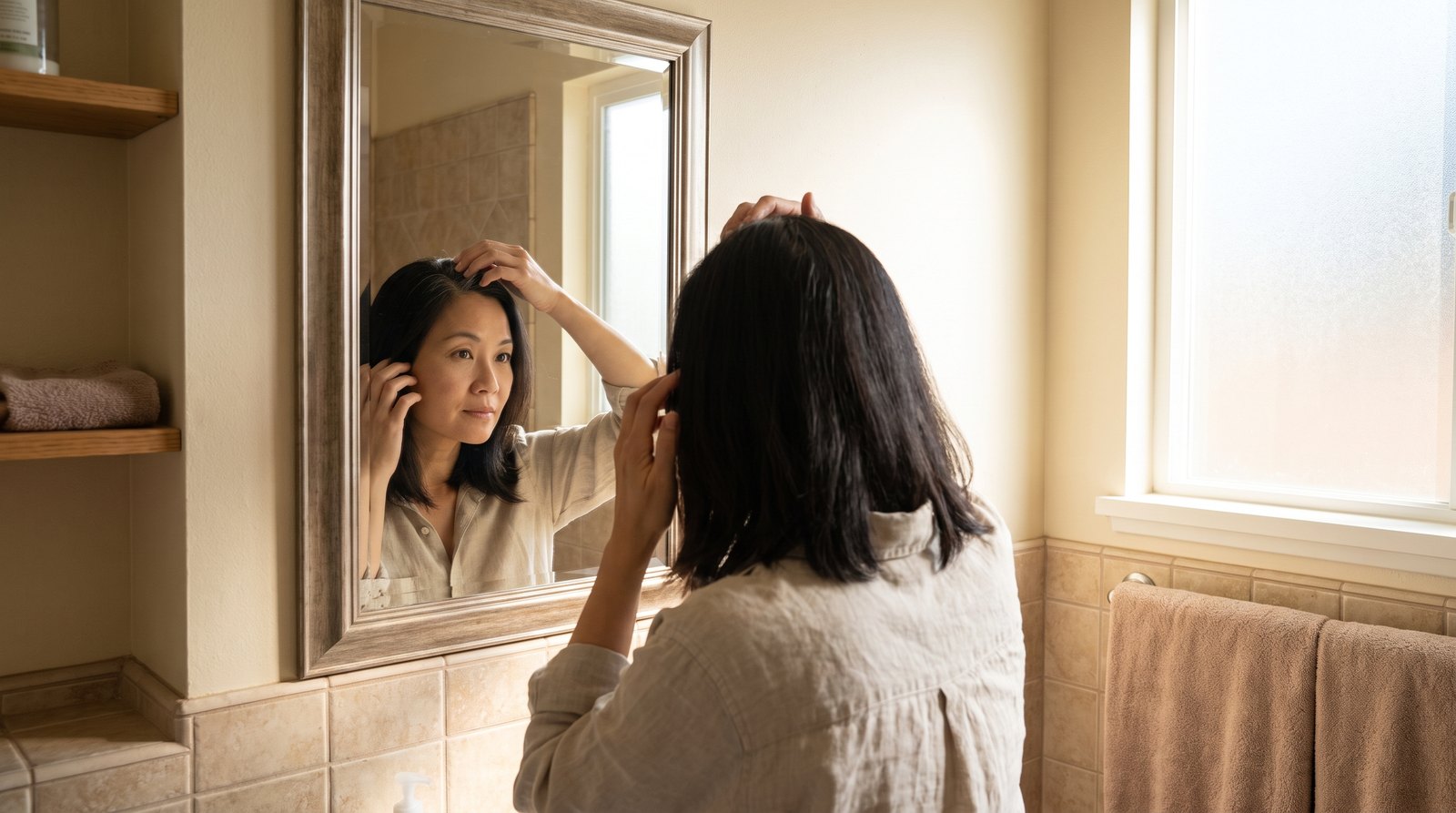 Soi gương vén tóc là cách đơn giản để nhận ra sợi tóc bạc và sợi tóc sâu