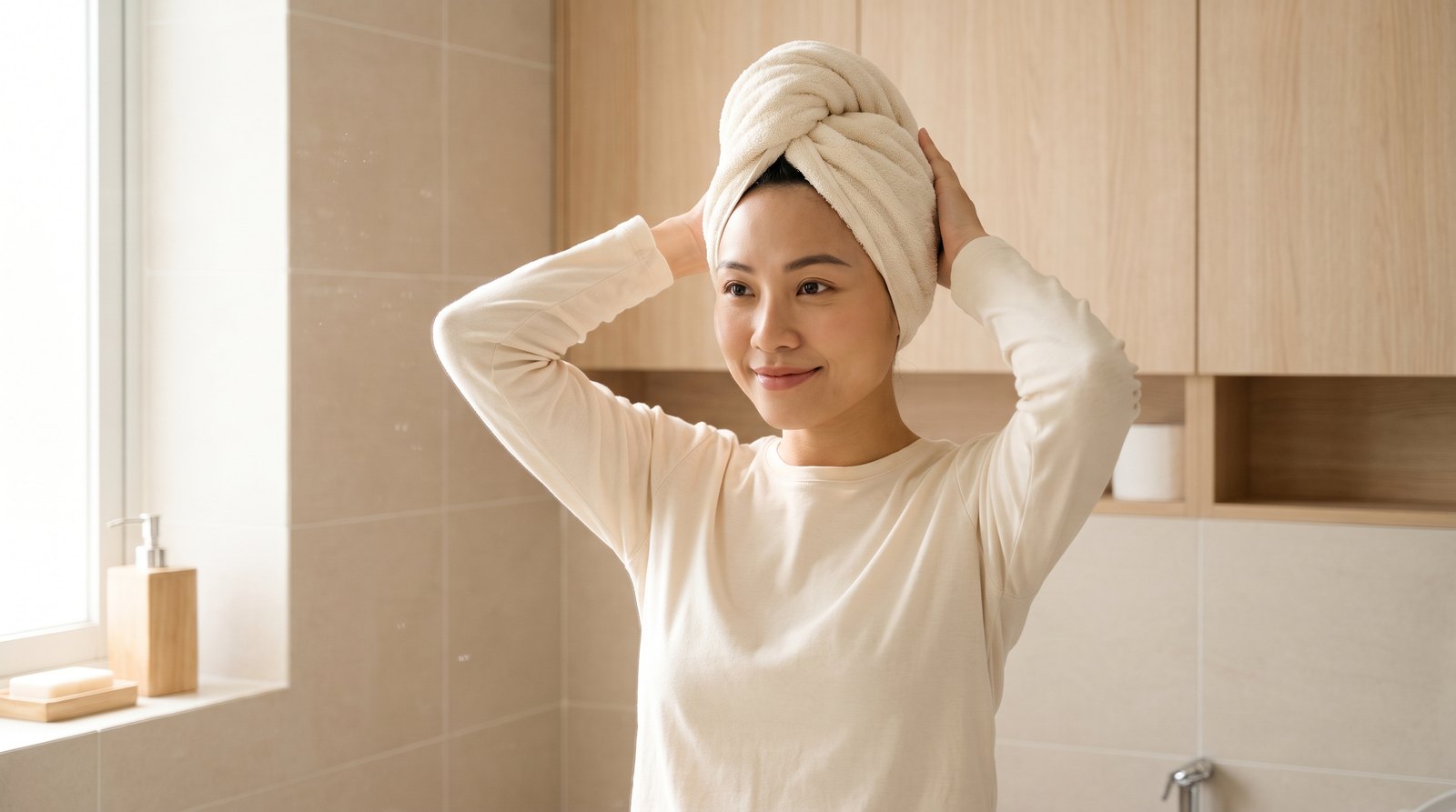 Cô gái quấn khăn trùm tóc sau khi ủ tóc bằng sữa chua