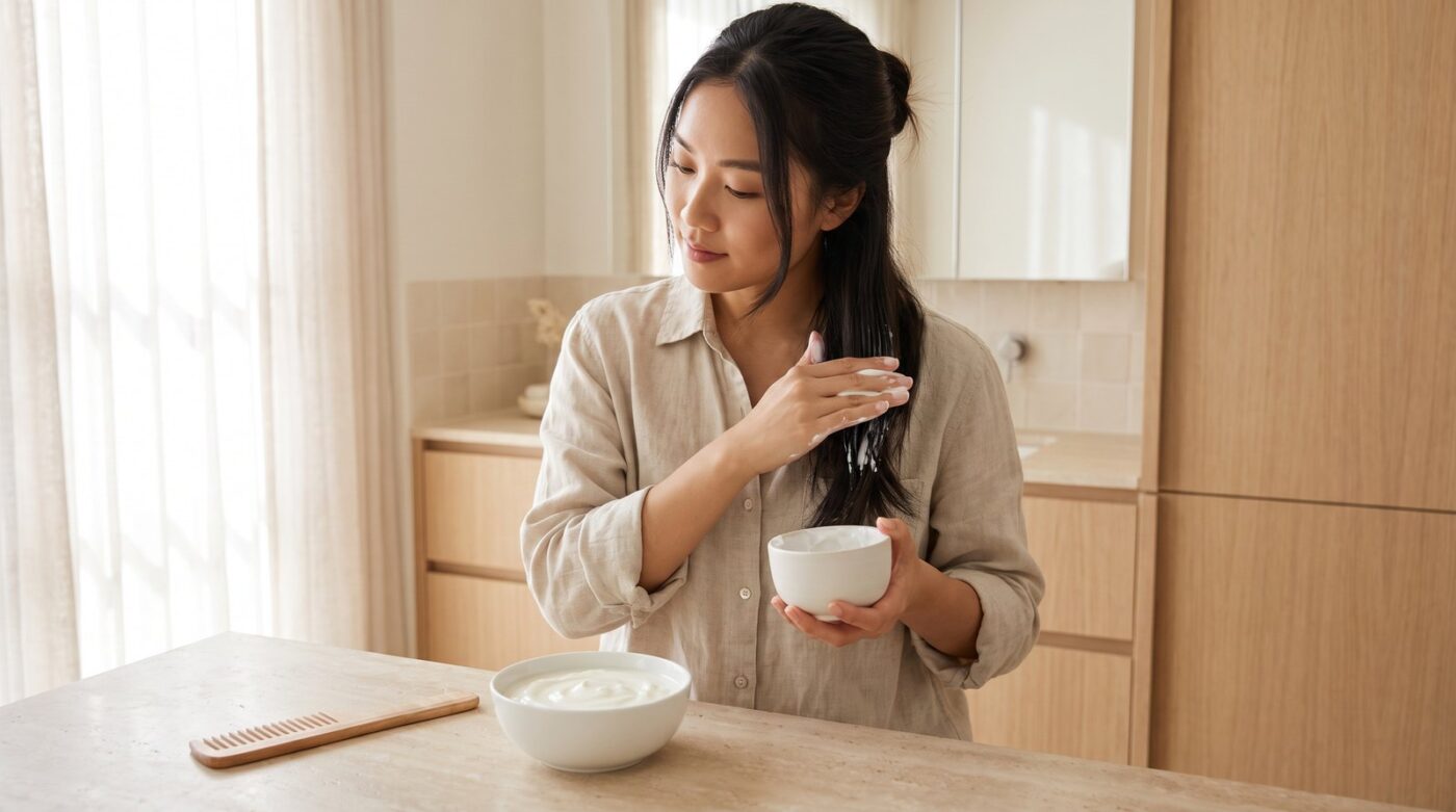 Cô gái thoa hỗn hợp sữa chua lên thân tóc bên bát sữa chua không đường