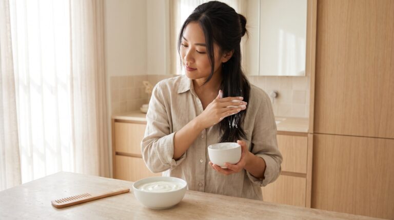 Cô gái thoa hỗn hợp sữa chua lên thân tóc bên bát sữa chua không đường