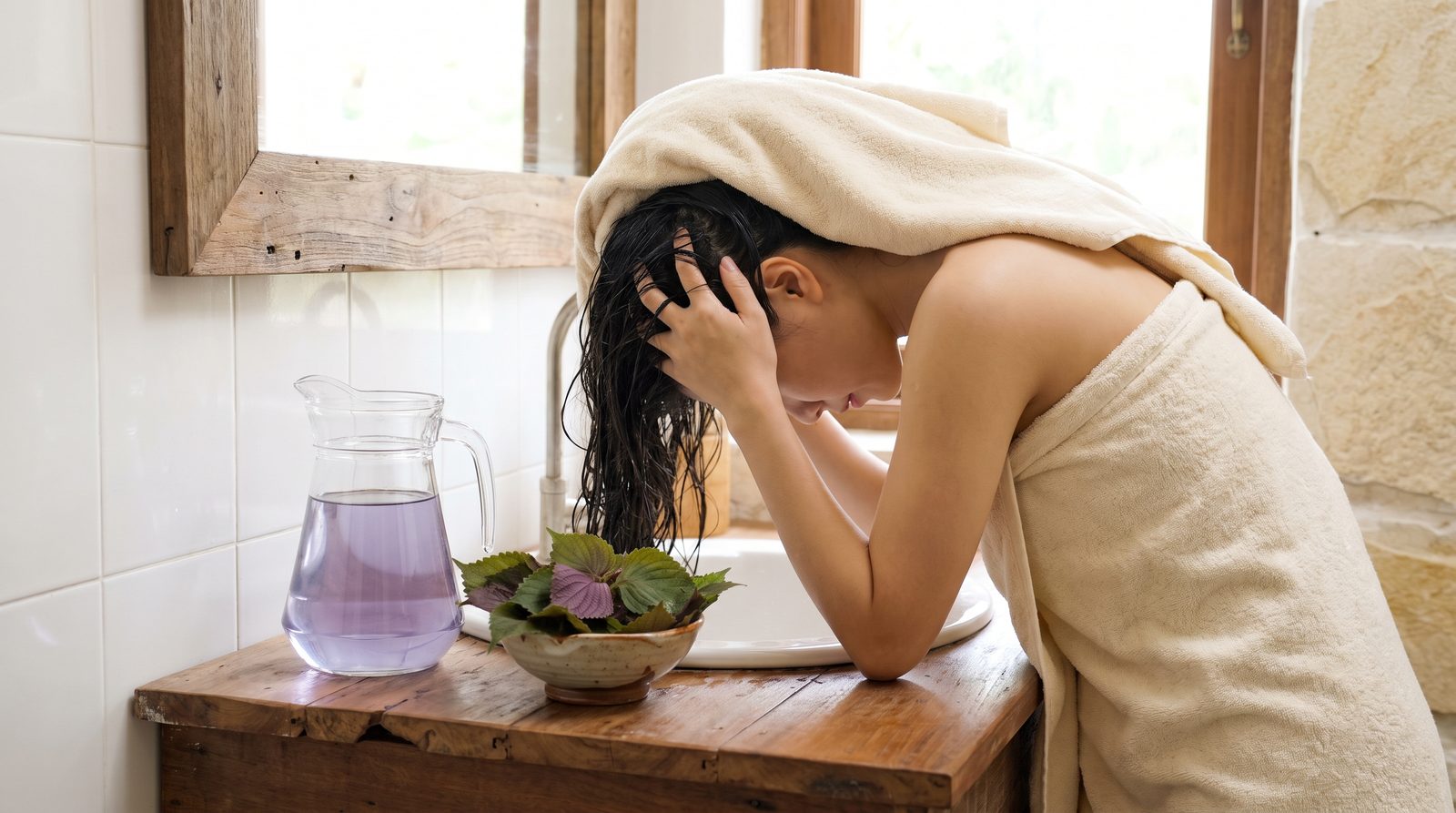 Massage da đầu sau khi xả tóc bằng nước lá tía tô đã lọc bã