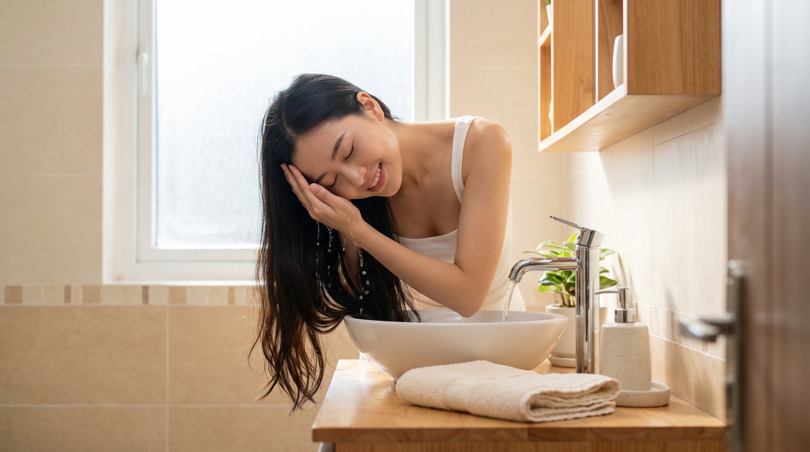 Người phụ nữ tóc dài đang xả tóc bằng nước sạch sau khi gội
