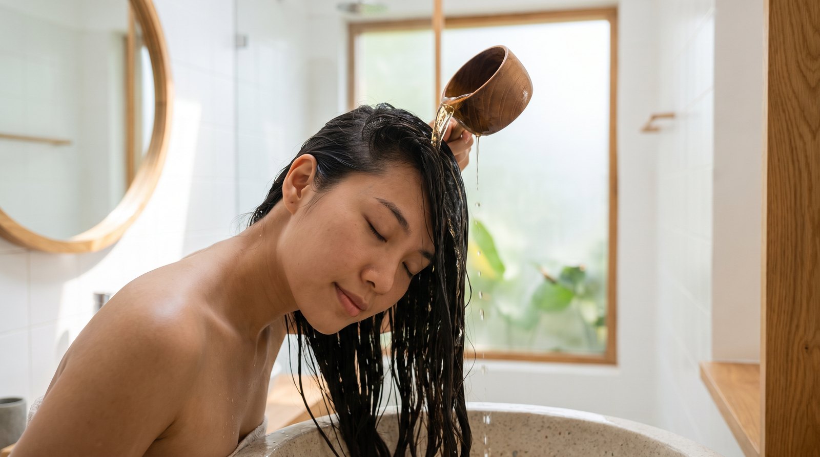 Xối nước bồ hòn ấm lên tóc ướt bằng gáo gỗ trong phòng tắm sáng