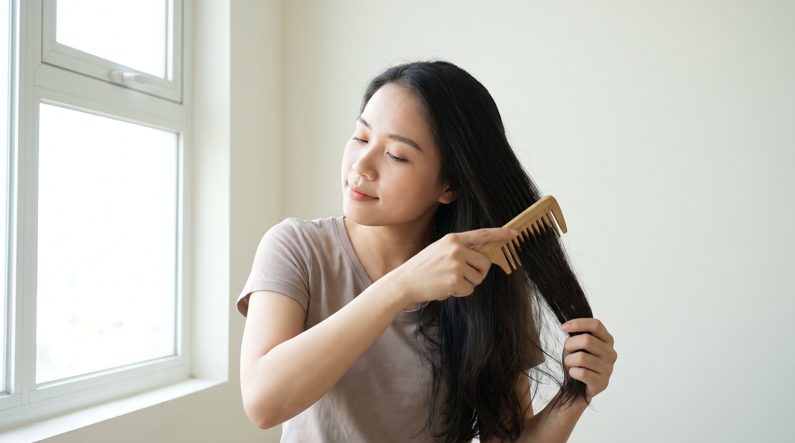 Chải tóc từ chân ra ngọn bằng lược gỗ răng thưa bên cửa sổ sáng