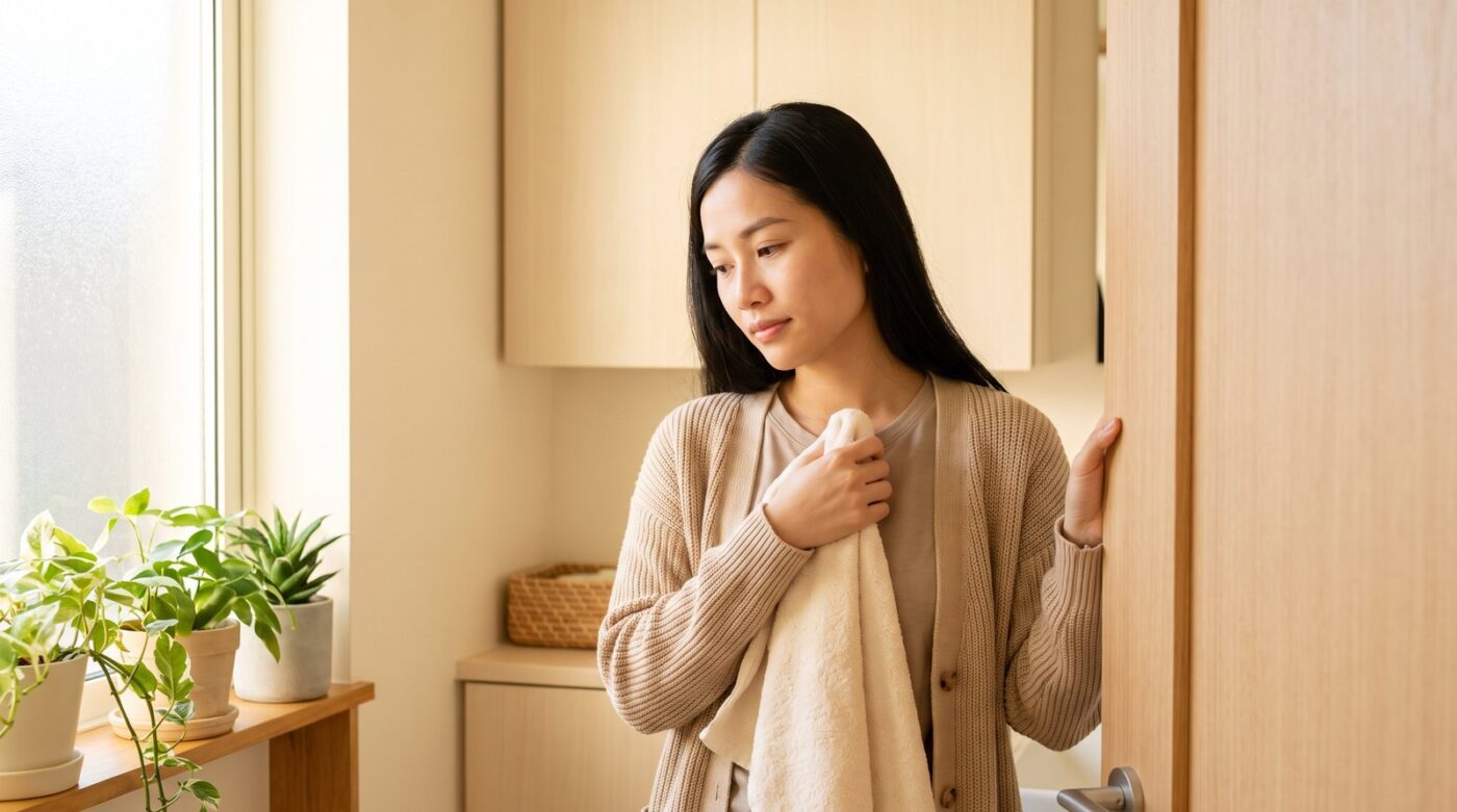 Cô gái tóc đen dài cầm khăn bông đứng tần ngần ở cửa phòng tắm sáng