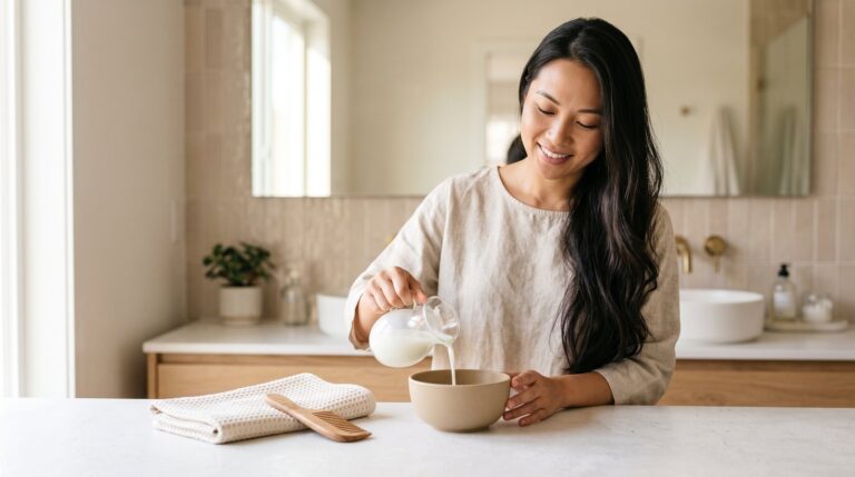 Người phụ nữ tóc dài rót sữa tươi vào bát sứ bên khăn bông và lược gỗ trong phòng tắm sáng