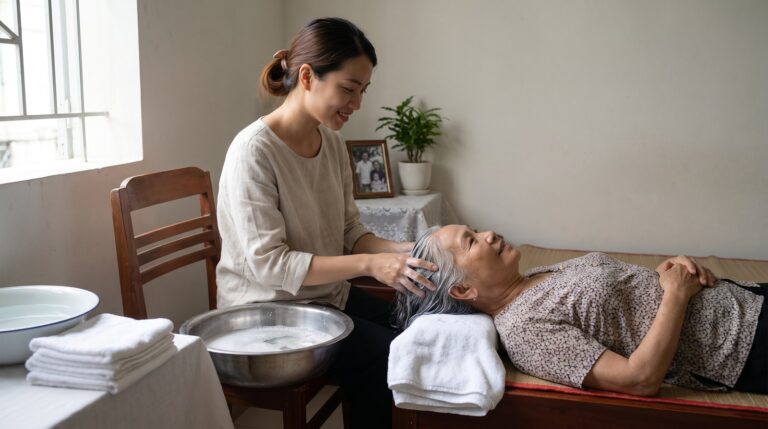 Con gái gội đầu cho mẹ già nằm trên giường, chậu nước ấm và khăn bông
