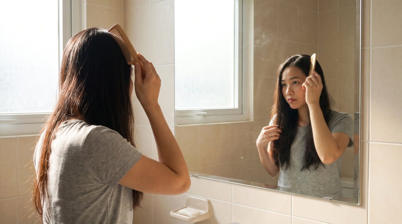 Cô gái rẽ ngôi tóc bằng lược để xem chân tóc trong gương phòng tắm