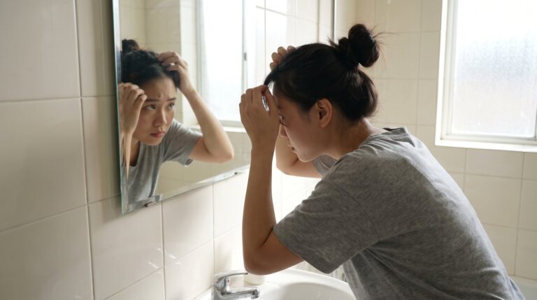 Cô gái vén tóc soi da đầu trước gương sau khi đổi dầu gội