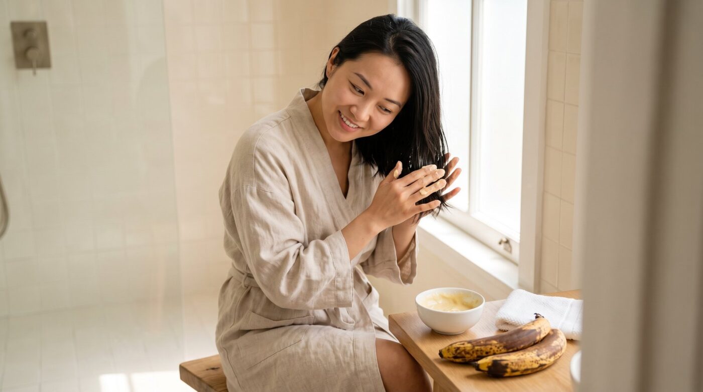 Cô gái mặc áo choàng tắm đang thoa hỗn hợp chuối nghiền lên tóc, bên cạnh là bát chuối nghiền và hai quả chuối chín lốm đốm nâu