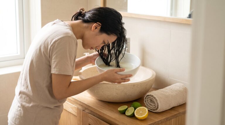 Cô gái nhúng đuôi tóc vào bát nước chanh pha loãng bên bồn rửa, chanh tươi để cạnh khăn bông